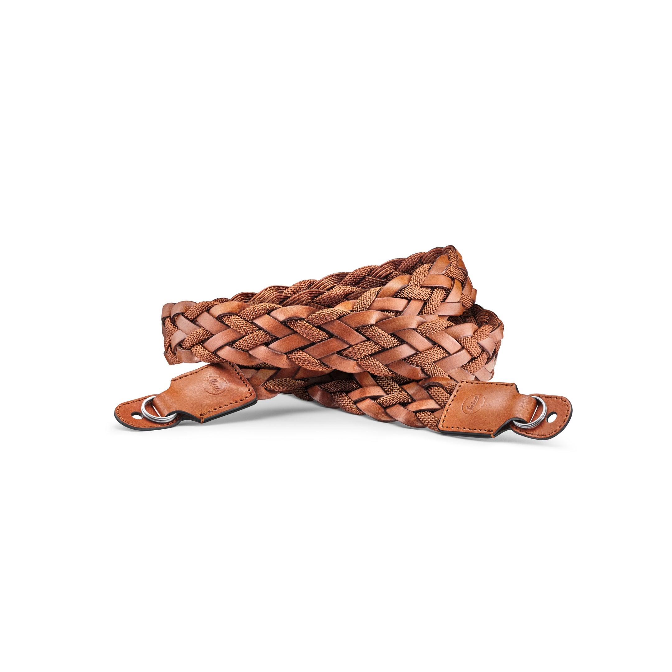 Carrying Strap, flat braided rayon & leather cord, cognac