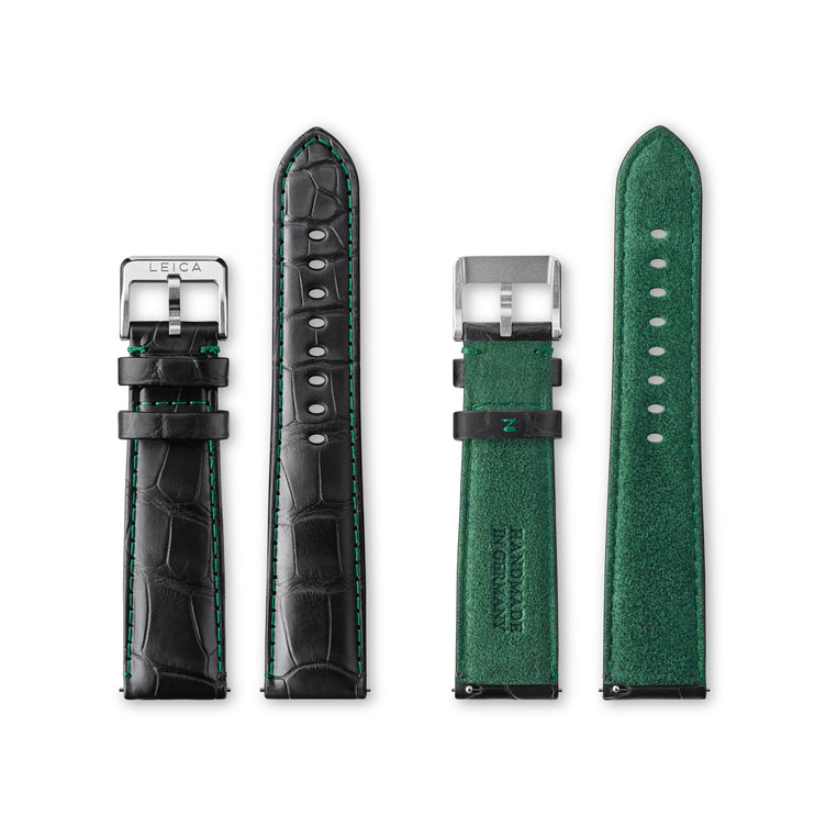 Alligator-leather strap, matte black, Alcantara green backlining, mounted stainless-steel pin buckle