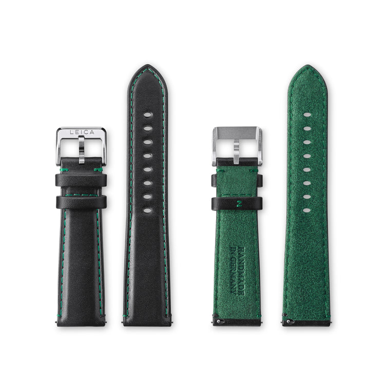 Calf-leather strap, black, Alcantara green backlining, mounted stainless-steel pin buckle